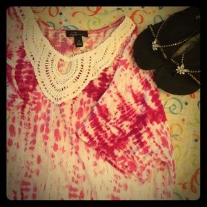 Tye dye top with crochet detail.