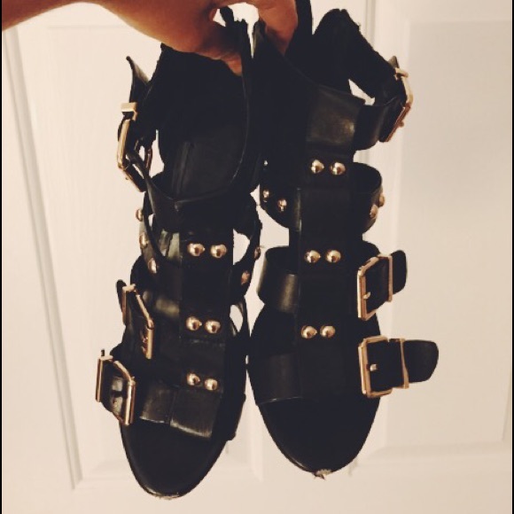 BCBG black leather studded sandals