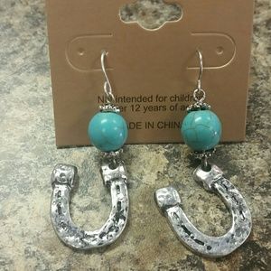 Silver Horseshoe Earrings w/ turquoise bead