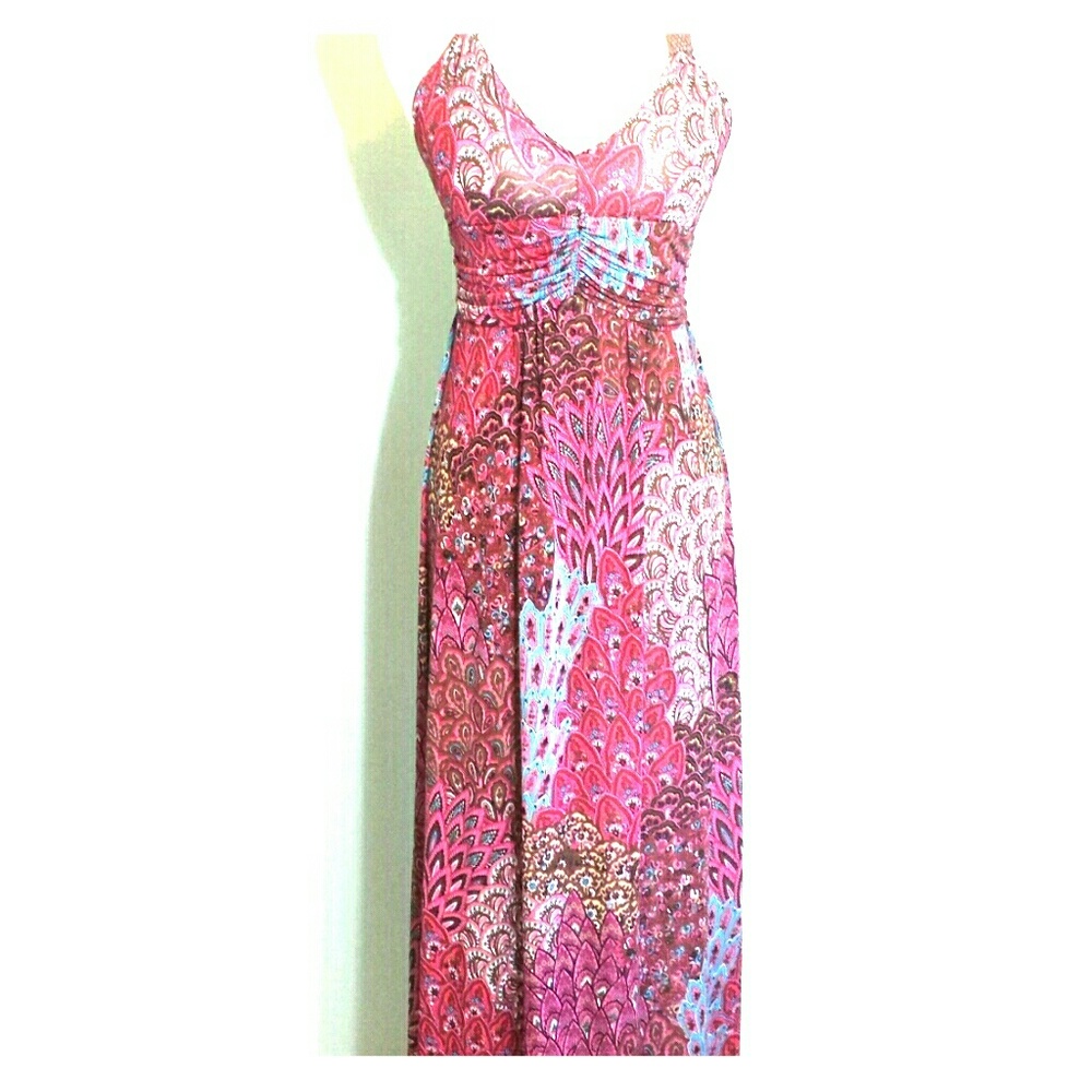 Halter Maxi Dress Pink Peacock Padded Bra S/M