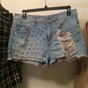 Light wash high waisted studded blue jean shorts
