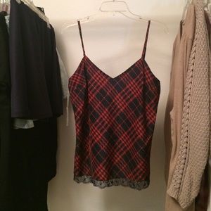 Plaid tank top with navy lace trim