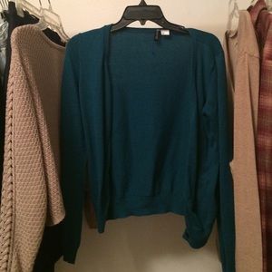 Dark turquoise cardigan with brown elbow patches