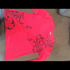 salmon long sleeved shirt with navy embellishment