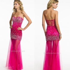 Hot Pink Strapless Illusion Prom Dress