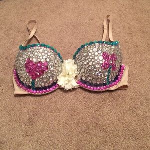 Handmade rhinestone rave bra hearts & flowers 34C