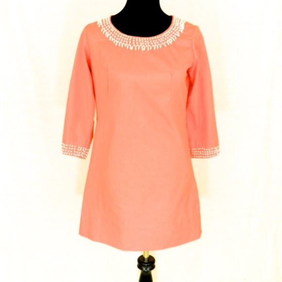 Vintage Coral Shift Dress with Beading Detail