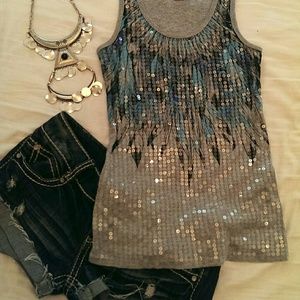 Sequin feather tank top