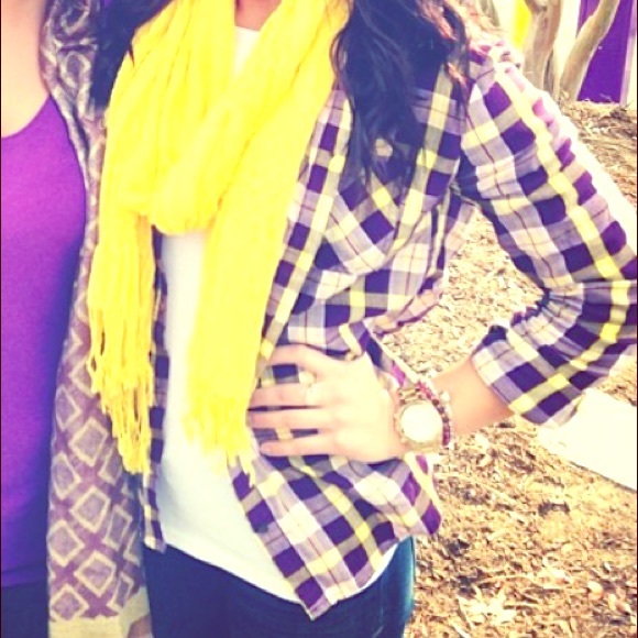 purple and yellow plaid shirt