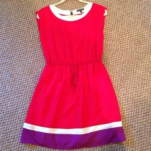 Red dress with purple and white around bottom
