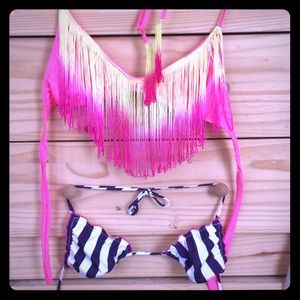 Fringe and Striped Bikini Top - LOT