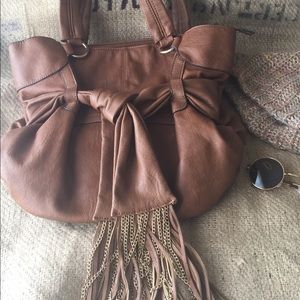 Fringe chain brown hand bag