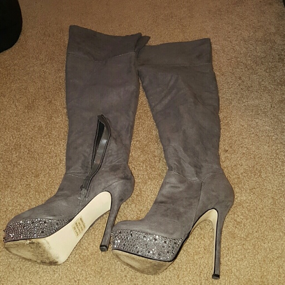Grey suade knee high boots with studded platform