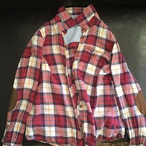 Red/white flannel with brown patches on elbows