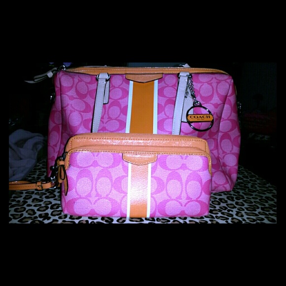 Pink & Orange Coach Bag & Wristlet