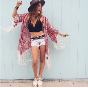 LF red floral fringe kimono