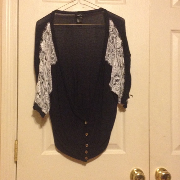 Navy blue with white lace cardigan.