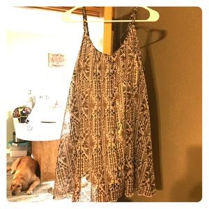 Brown, white, black dress.