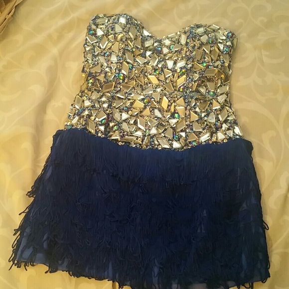 Claudine Dresses & Skirts - Bedazzled Short fringed blue dress
