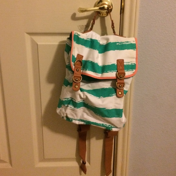 Turquoise and white stripped back pack