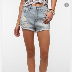 High waisted light denim shorts