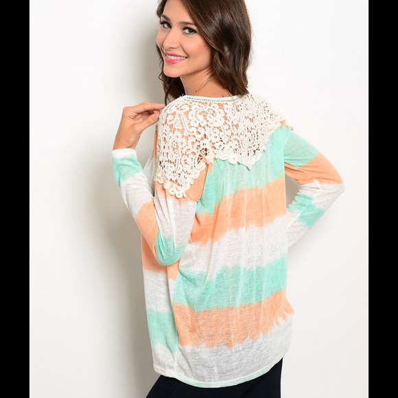 GREEN ORANGE WHITE TOP W/CROCHET SHOULDERS - Picture 2 of 2