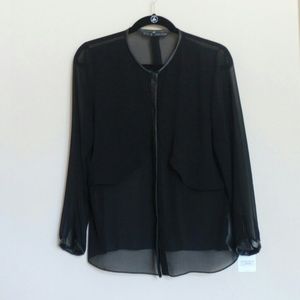 Zara leather trim sheer blouse