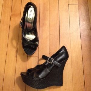 Black Mary Jane Peep Toe Wedge