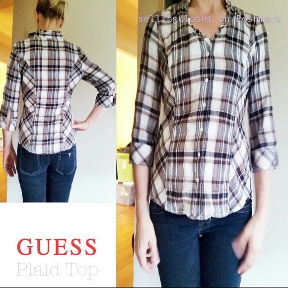Guess Brown and Beige Plaid Top