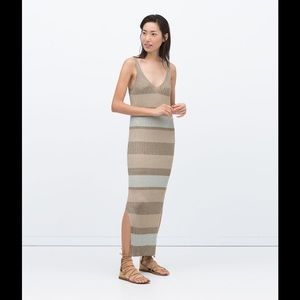 Zara Ribbed Striped Large Dress and Medium Cardigan Blue and Taupe