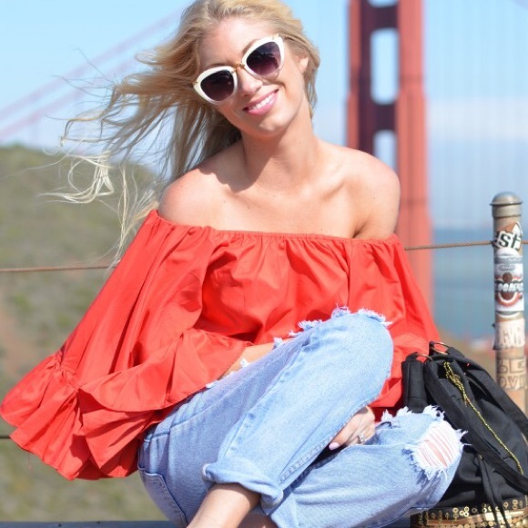 Red off the shoulder ruffle top