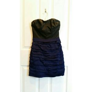 Express Black Faux Leather/Blue Ruched Dress