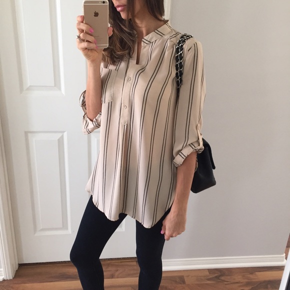 Tops - Sold • 💜HP! • Black & Taupe Striped Blouse
