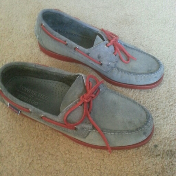 Grey red boat shoes