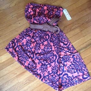 Coral and navy strapless maxi dress