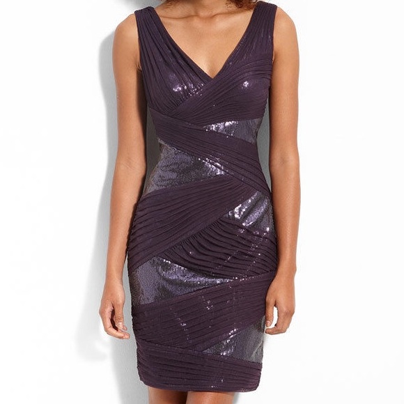 Tadashi Shoji Sequin and Mesh V-neck Sheath Dress