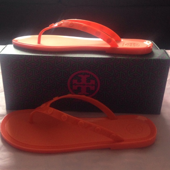 Tory Burch Shoes - Tory Burch Studded Logo Jelly Flip Flops