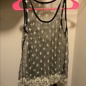 Black shear tank top w/silver crosses & hemming!