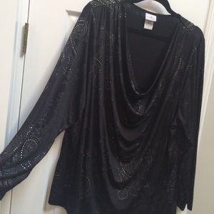 Gorgeous black, silky cowl top w/ silver pattern.