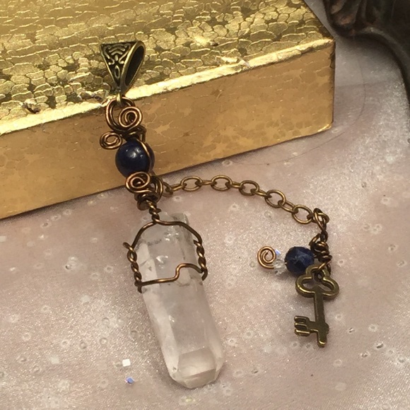 Crystal Jewelry - Lemurian Crystal with Lapis Beads-Brass wire