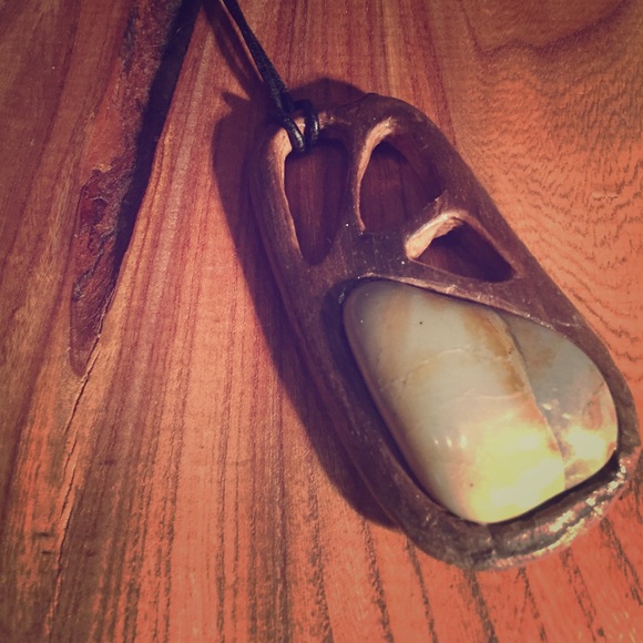 .::Large Boho Wood+Stone Pendant Necklace::.