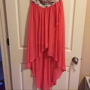 High-low corral and tan dress