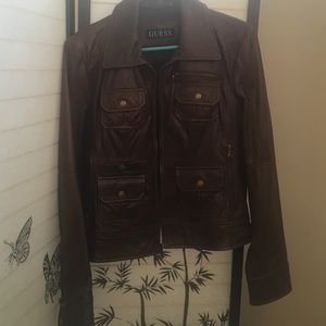 GUESS Shiny Brown Leather Jacket