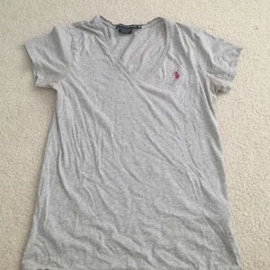 Grey Ralph Lauren v-neck with pink logo.