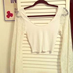 White crop top with lace flare sleeves