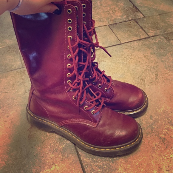Maroon mid calf Doc Marten combat boots