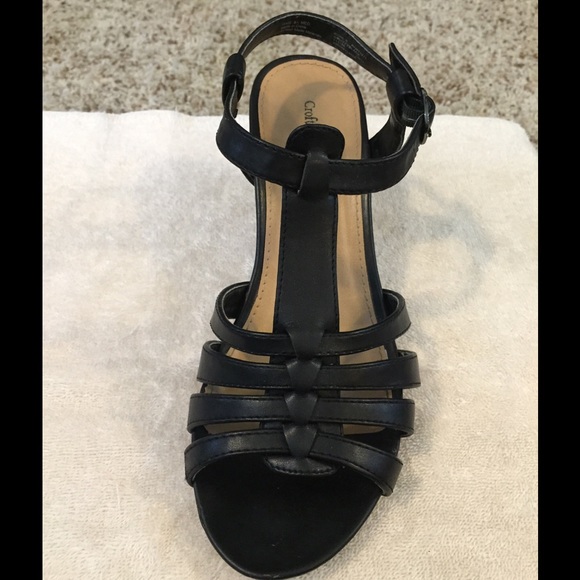 Black Leather Wedge Sandals