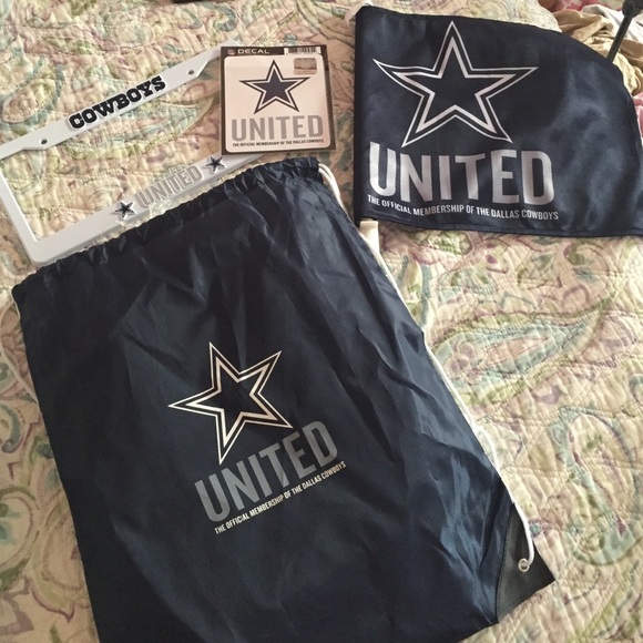 Dallas cowboys license plate, decal, flag and bag