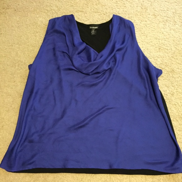 Purple and black cowl neck sleeveless top.