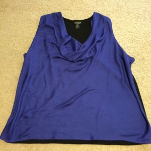 Purple and black cowl neck sleeveless top.